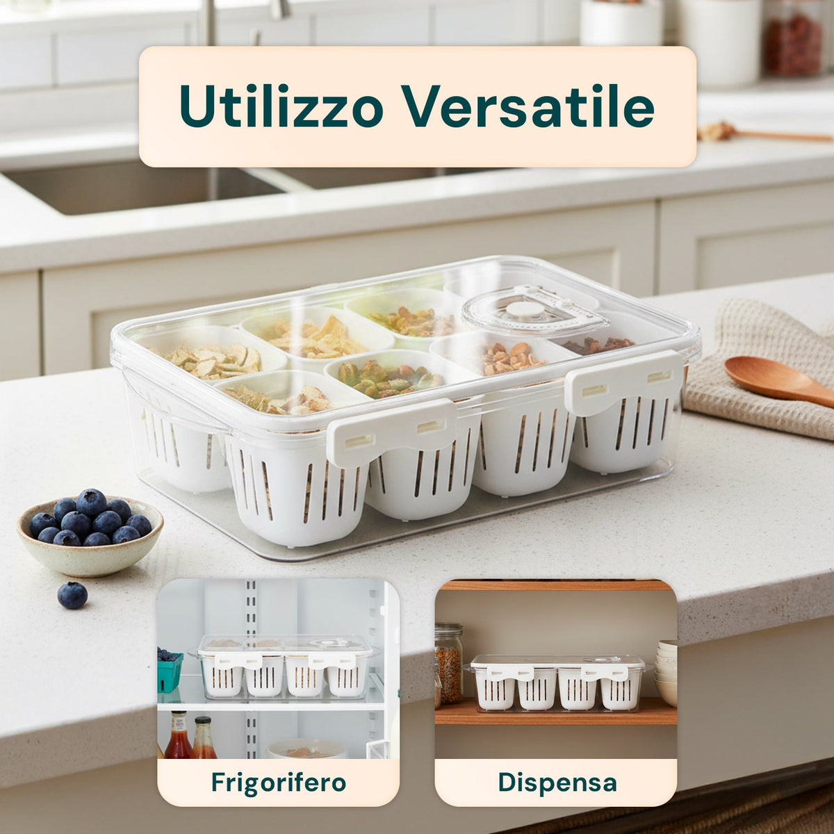 Contenitore con 8 Scomparti in PP – Chiusura a Clip e Funzione Sgocciolatoio