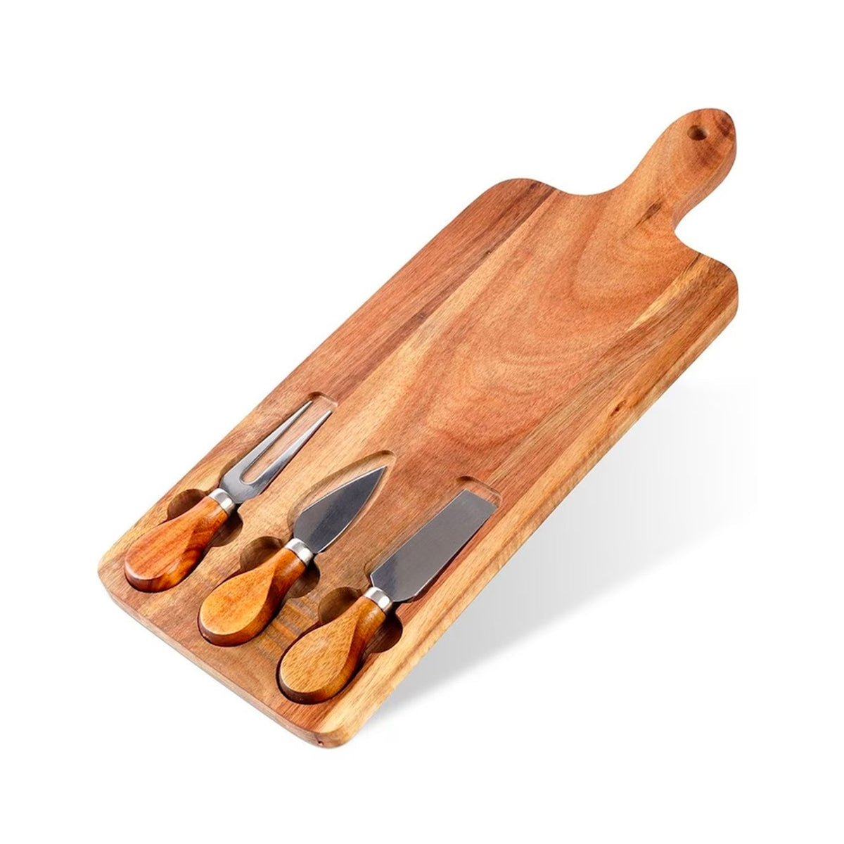 Set di 3 utensili per degustazione formaggi con tagliere in legno d'acacia