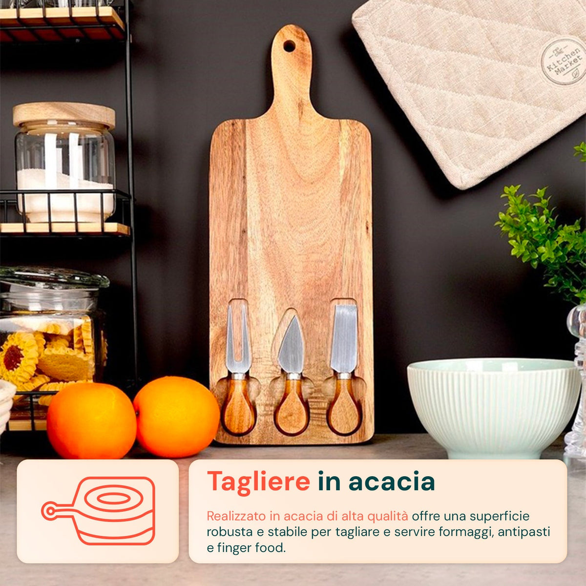 Set di 3 utensili per degustazione formaggi con tagliere in legno d'acacia