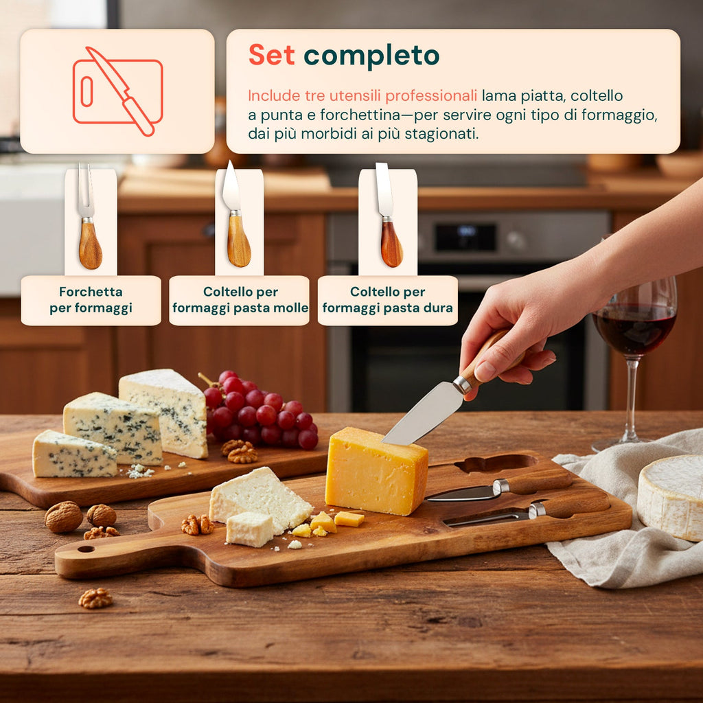 Set di 3 utensili per degustazione formaggi con tagliere in legno d'acacia