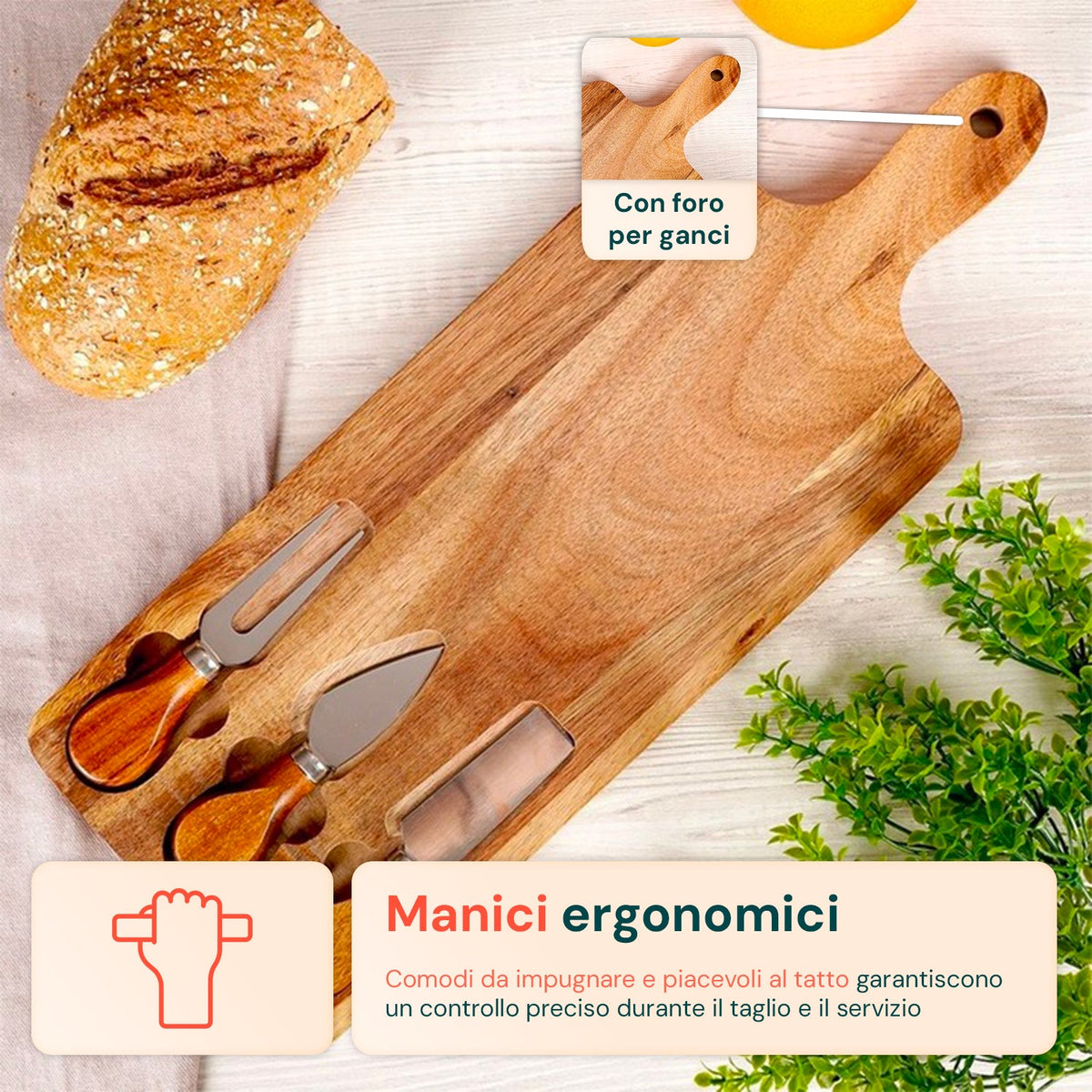 Set di 3 utensili per degustazione formaggi con tagliere in legno d'acacia