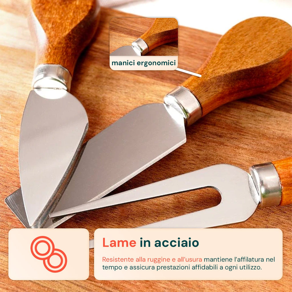 Set di 3 utensili per degustazione formaggi con tagliere in legno d'acacia