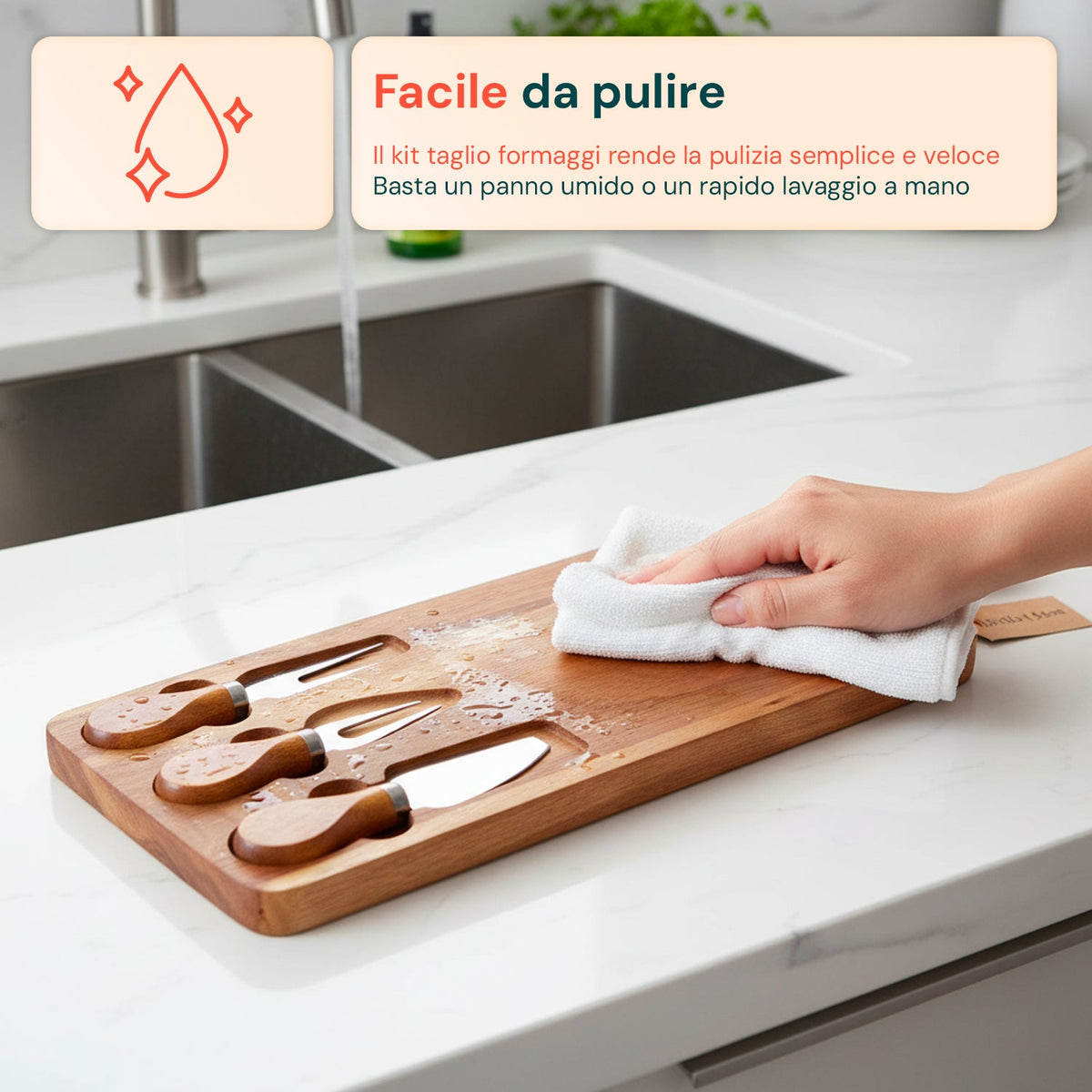 Set di 3 utensili per degustazione formaggi con tagliere in legno d'acacia