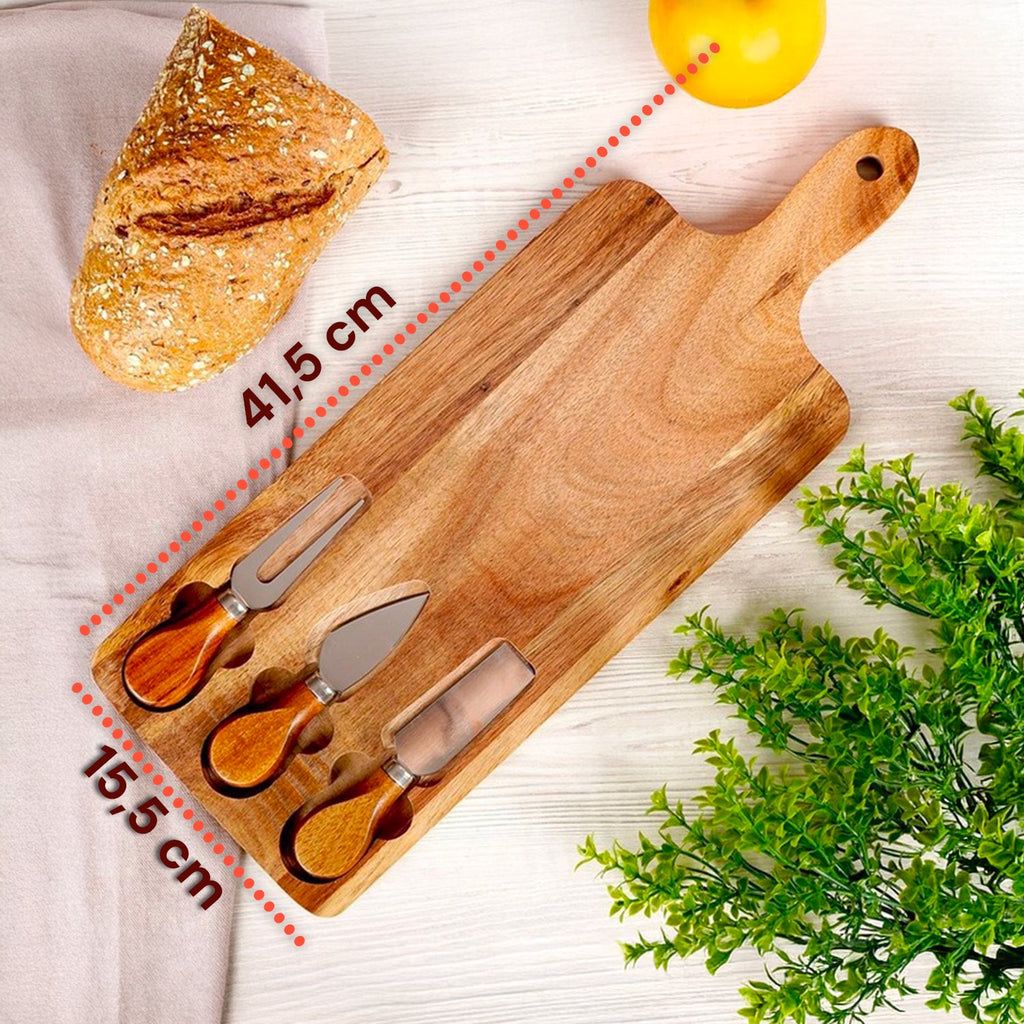 Set di 3 utensili per degustazione formaggi con tagliere in legno d'acacia
