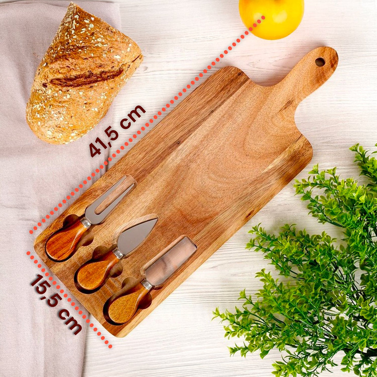 Set di 3 utensili per degustazione formaggi con tagliere in legno d'acacia
