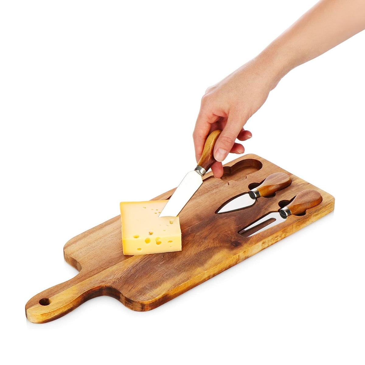 Set di 3 utensili per degustazione formaggi con tagliere in legno d'acacia