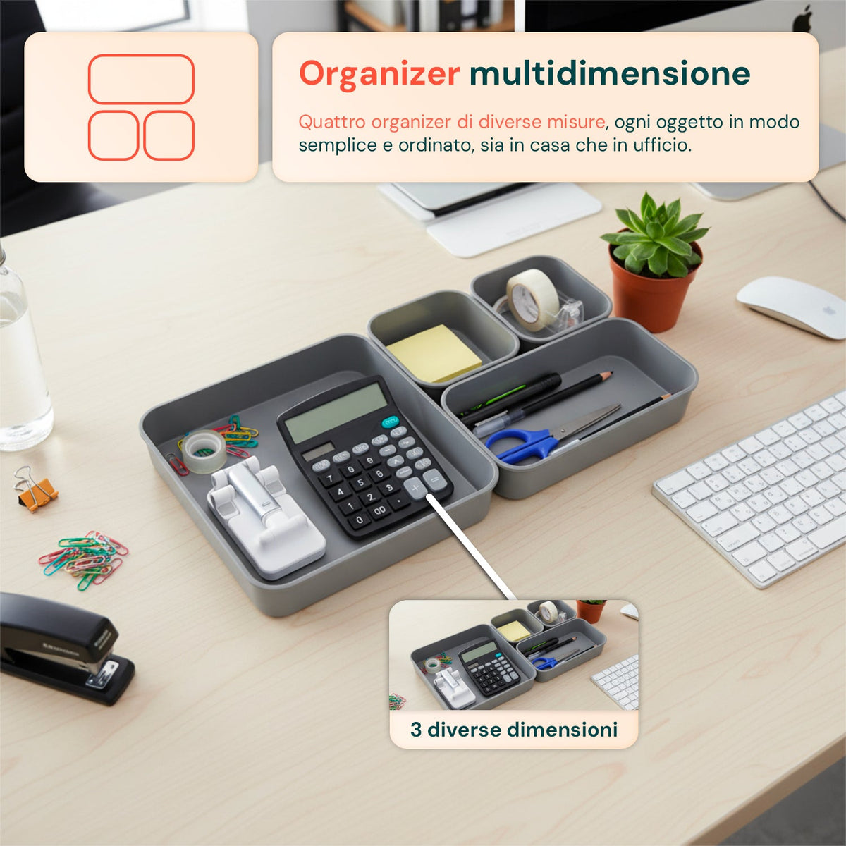 Set 4 Organizer Multiuso Impilabili in ABS di 3 Diverse Dimensioni
