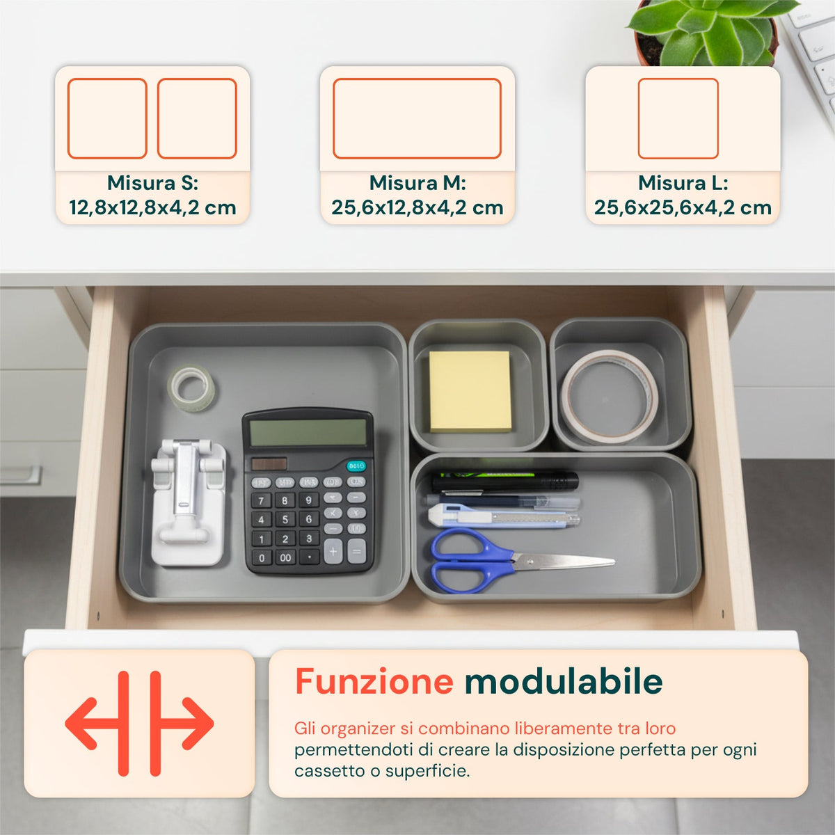Set 4 Organizer Multiuso Impilabili in ABS di 3 Diverse Dimensioni