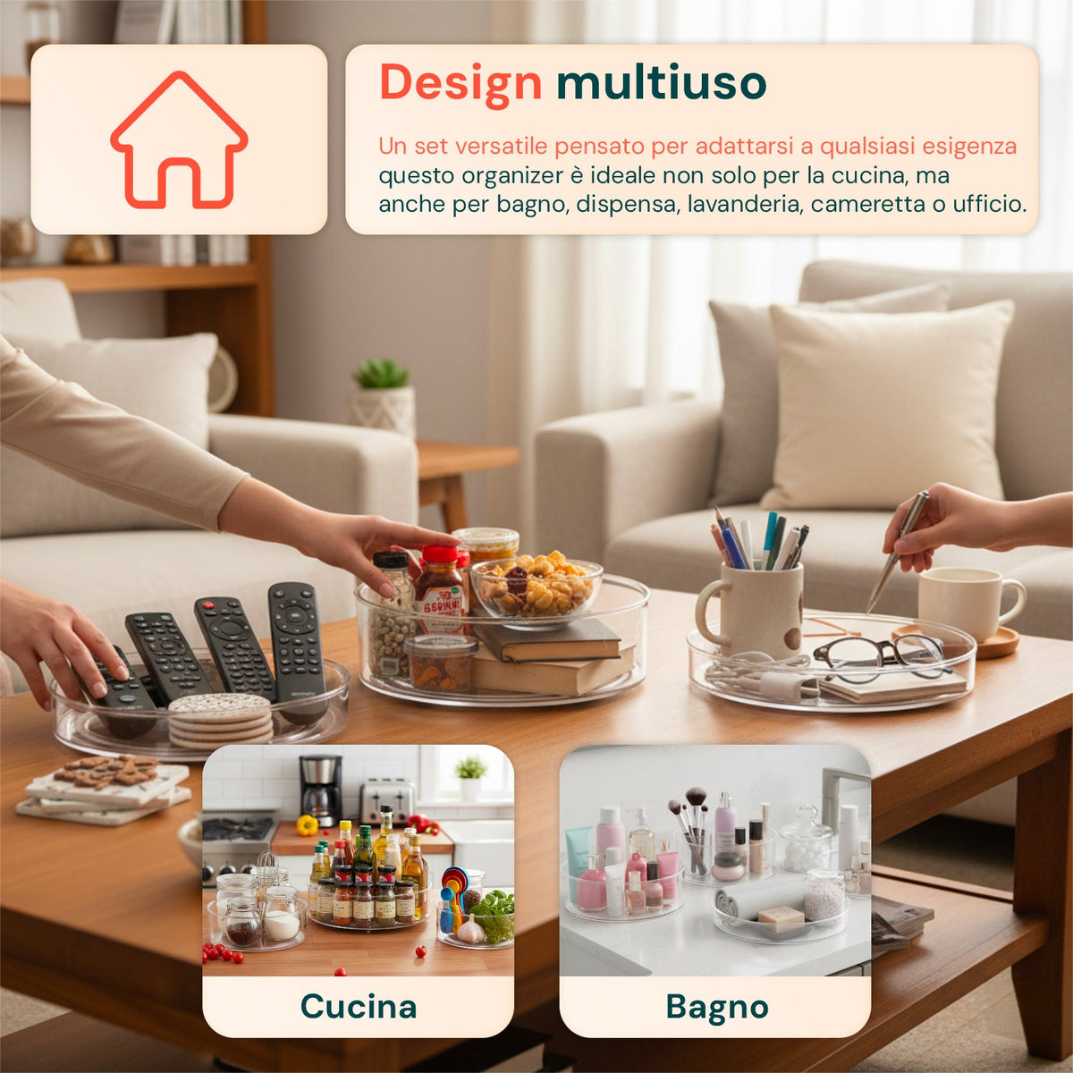 Set 3 Organizer Girevoli in PET – Contenitori Rotanti 360° per Cucina e Dispensa