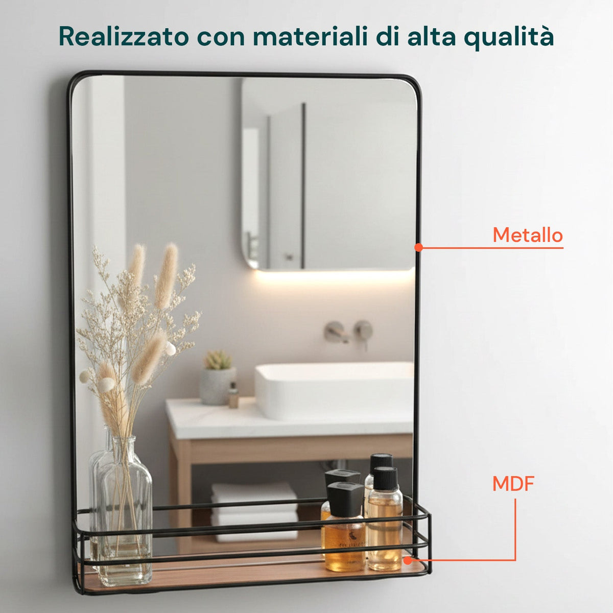 Specchio con Mensola in MDF 40x30 cm – Design Moderno da Parete