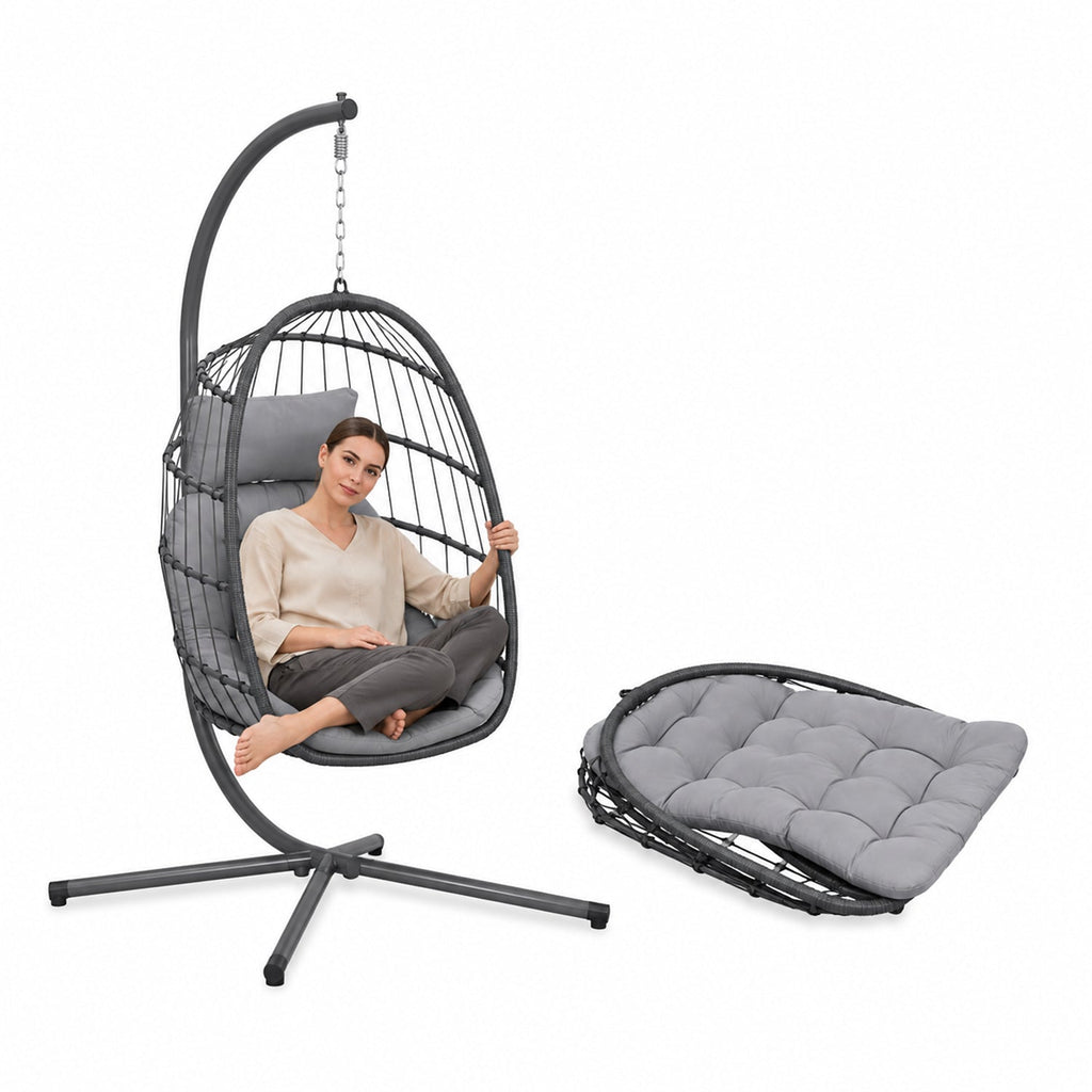 Poltrona Sospesa da Giardino Richiudibile con Cuscini Imbottiti in Acciaio Zincato ed Effetto Rattan - Portata 160kg