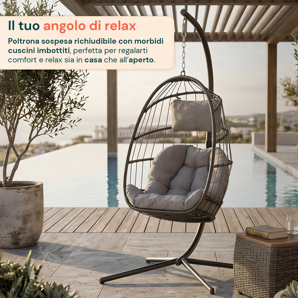 Poltrona Sospesa da Giardino Richiudibile con Cuscini Imbottiti in Acciaio Zincato ed Effetto Rattan - Portata 160kg