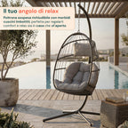 Poltrona Sospesa da Giardino Richiudibile con Cuscini Imbottiti in Acciaio Zincato ed Effetto Rattan - Portata 160kg