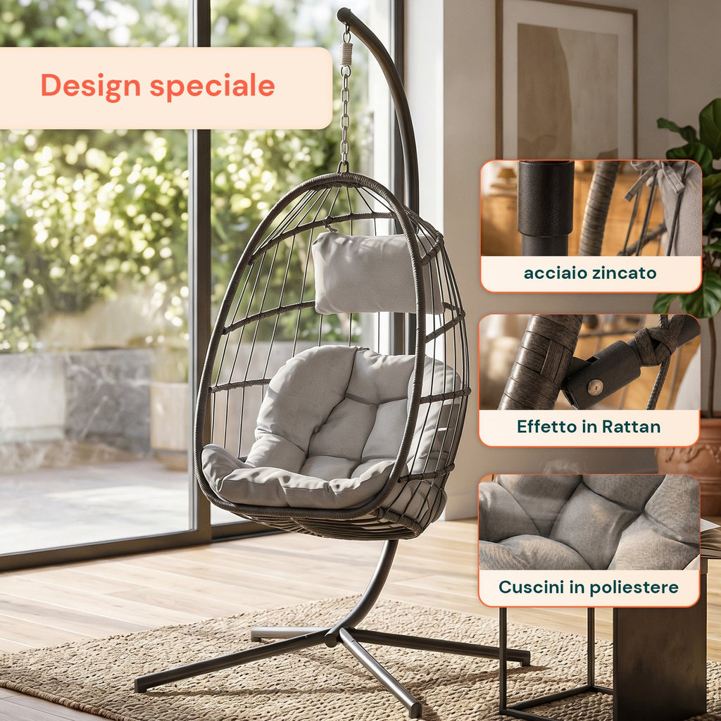 Poltrona Sospesa da Giardino Richiudibile con Cuscini Imbottiti in Acciaio Zincato ed Effetto Rattan - Portata 160kg
