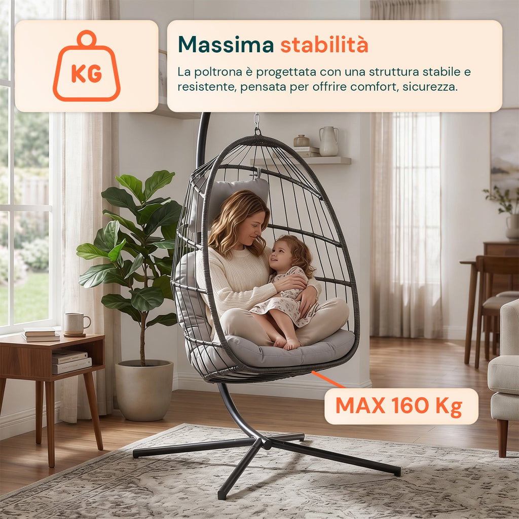 Poltrona Sospesa da Giardino Richiudibile con Cuscini Imbottiti in Acciaio Zincato ed Effetto Rattan - Portata 160kg