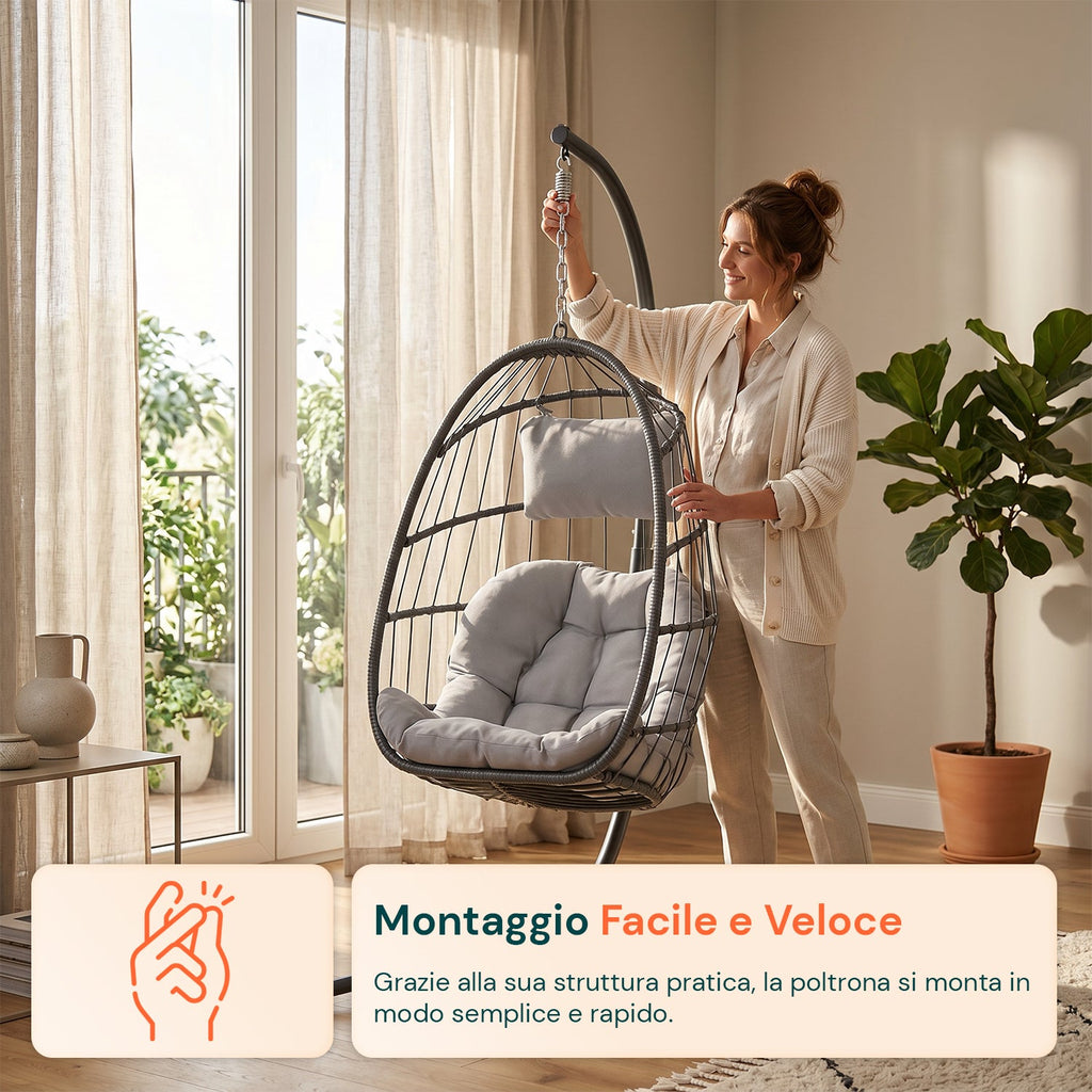 Poltrona Sospesa da Giardino Richiudibile con Cuscini Imbottiti in Acciaio Zincato ed Effetto Rattan - Portata 160kg