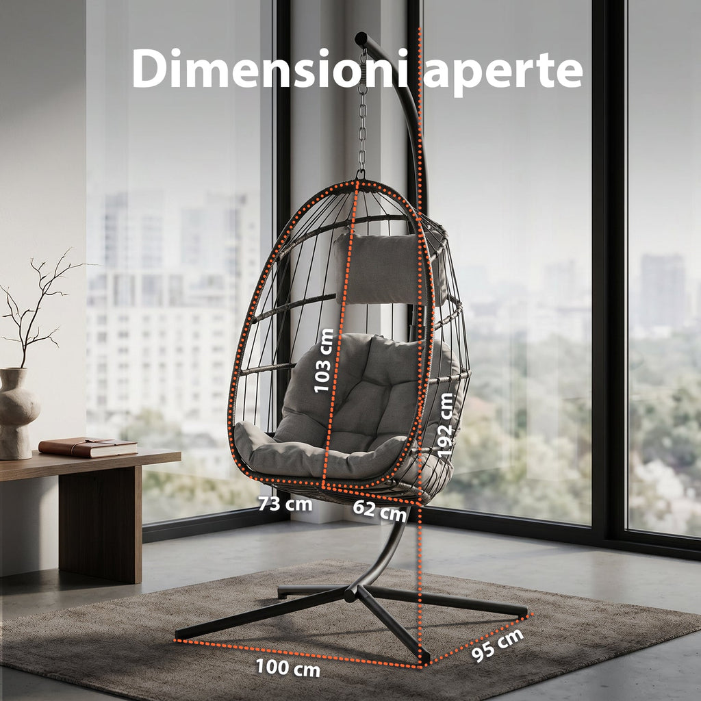 Poltrona Sospesa da Giardino Richiudibile con Cuscini Imbottiti in Acciaio Zincato ed Effetto Rattan - Portata 160kg