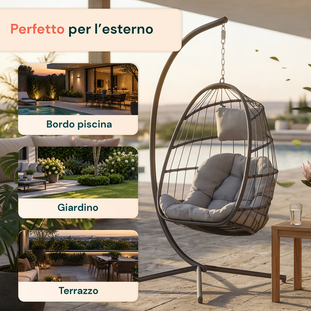Poltrona Sospesa da Giardino Richiudibile con Cuscini Imbottiti in Acciaio Zincato ed Effetto Rattan - Portata 160kg