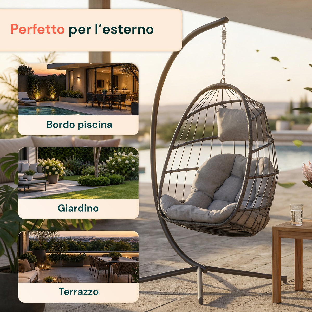 Poltrona Sospesa da Giardino Richiudibile con Cuscini Imbottiti in Acciaio Zincato ed Effetto Rattan - Portata 160kg