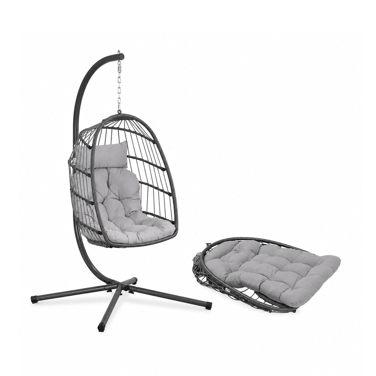 Poltrona Sospesa da Giardino Richiudibile con Cuscini Imbottiti in Acciaio Zincato ed Effetto Rattan - Portata 160kg