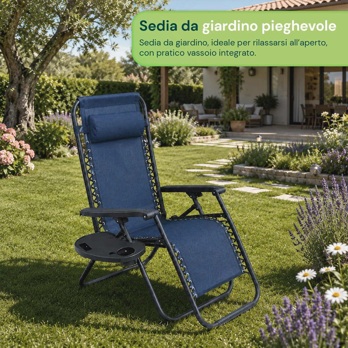 Sedia da giardino pieghevole con vassoio laterale – Portata 120 kg – Struttura in ferro e tessuto Teslin