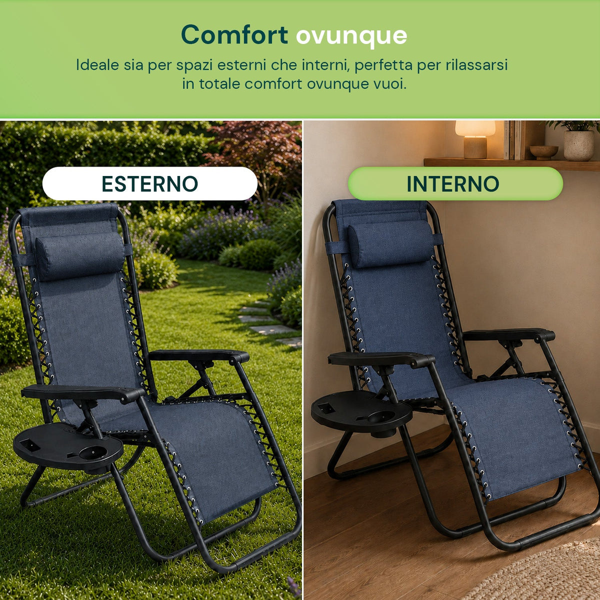 Sedia da giardino pieghevole con vassoio laterale – Portata 120 kg – Struttura in ferro e tessuto Teslin