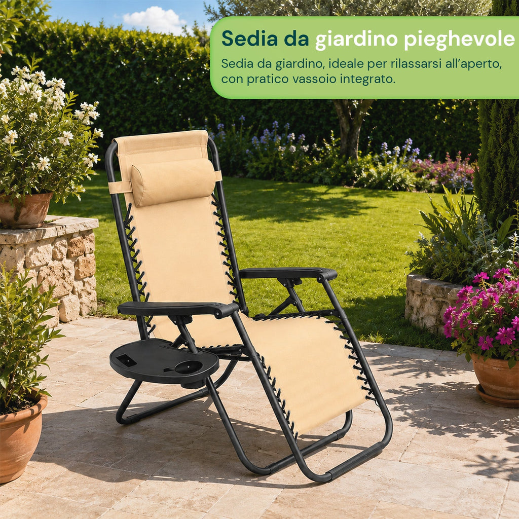 Sedia da giardino pieghevole con vassoio laterale – Portata 120 kg – Struttura in ferro e tessuto Teslin