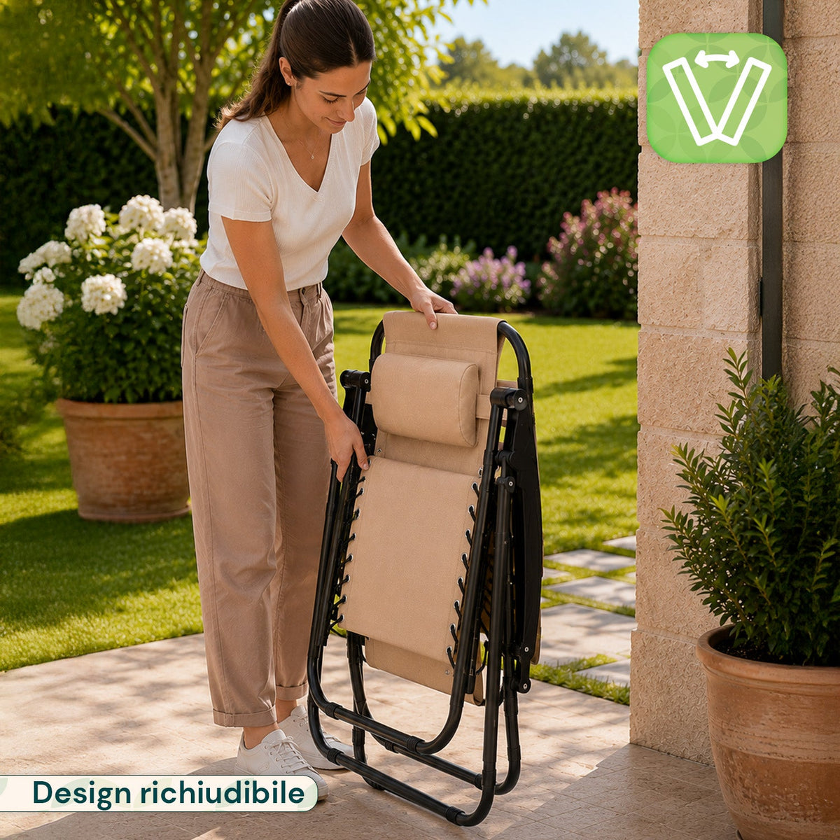 Sedia da giardino pieghevole con vassoio laterale – Portata 120 kg – Struttura in ferro e tessuto Teslin