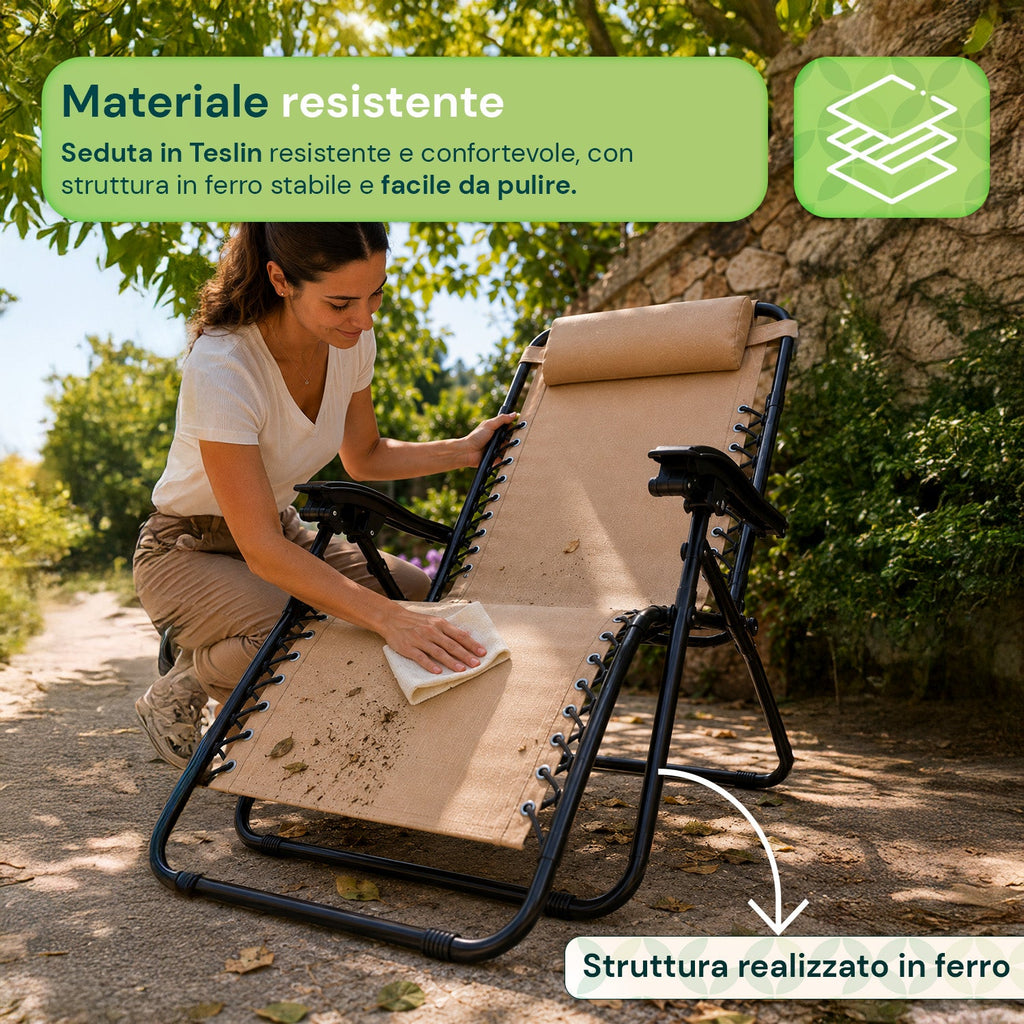 Sedia da giardino pieghevole con vassoio laterale – Portata 120 kg – Struttura in ferro e tessuto Teslin