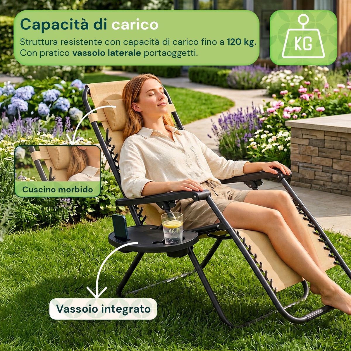 Sedia da giardino pieghevole con vassoio laterale – Portata 120 kg – Struttura in ferro e tessuto Teslin