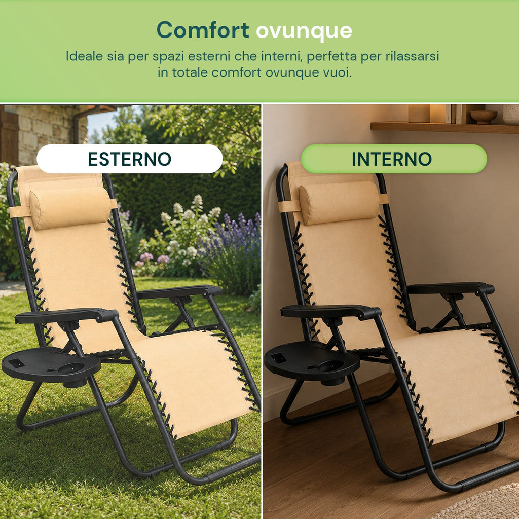 Sedia da giardino pieghevole con vassoio laterale – Portata 120 kg – Struttura in ferro e tessuto Teslin