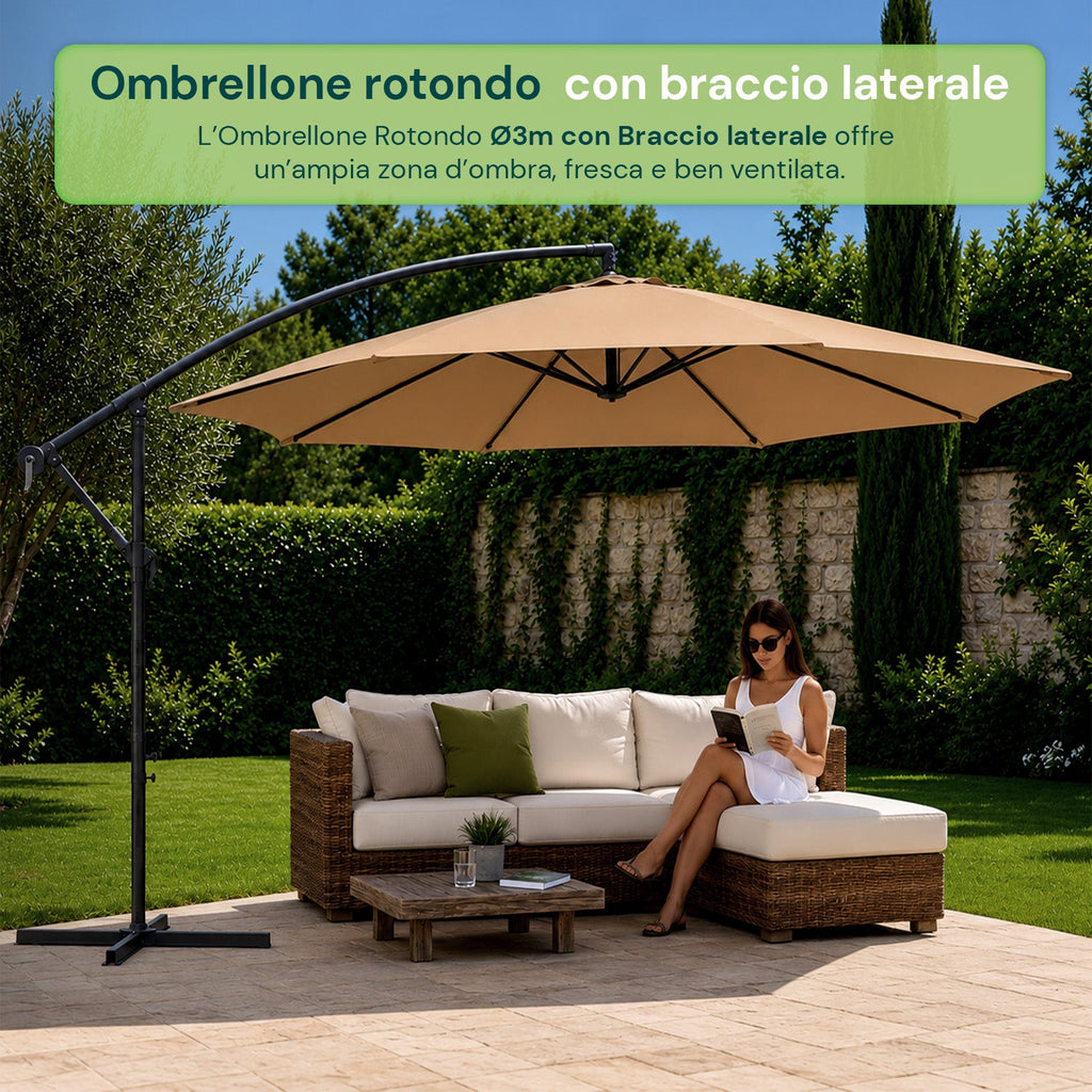 Ombrellone Rotondo Decentrato Ø3m con Braccio Laterale in Acciaio, Manovella, Poliestere 180gr Impermeabile UV per Giardino e Terrazzo