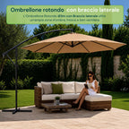 Ombrellone Rotondo Decentrato Ø3m con Braccio Laterale in Acciaio, Manovella, Poliestere 180gr Impermeabile UV per Giardino e Terrazzo