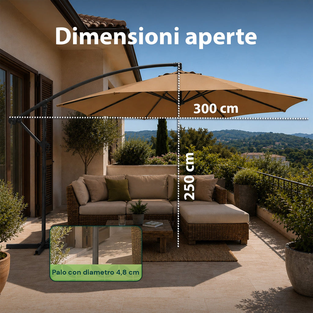 Ombrellone Rotondo Decentrato Ø3m con Braccio Laterale in Acciaio, Manovella, Poliestere 180gr Impermeabile UV per Giardino e Terrazzo