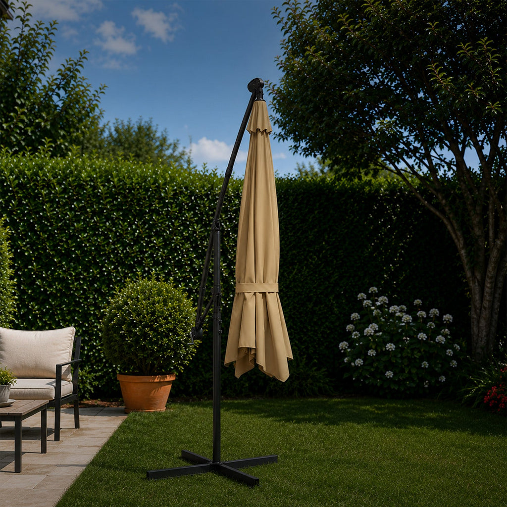 Ombrellone Rotondo Decentrato Ø3m con Braccio Laterale in Acciaio, Manovella, Poliestere 180gr Impermeabile UV per Giardino e Terrazzo