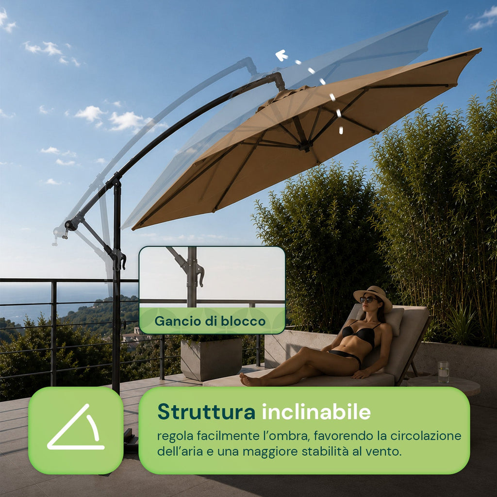 Ombrellone Rotondo Decentrato Ø3m con Braccio Laterale in Acciaio, Manovella, Poliestere 180gr Impermeabile UV per Giardino e Terrazzo