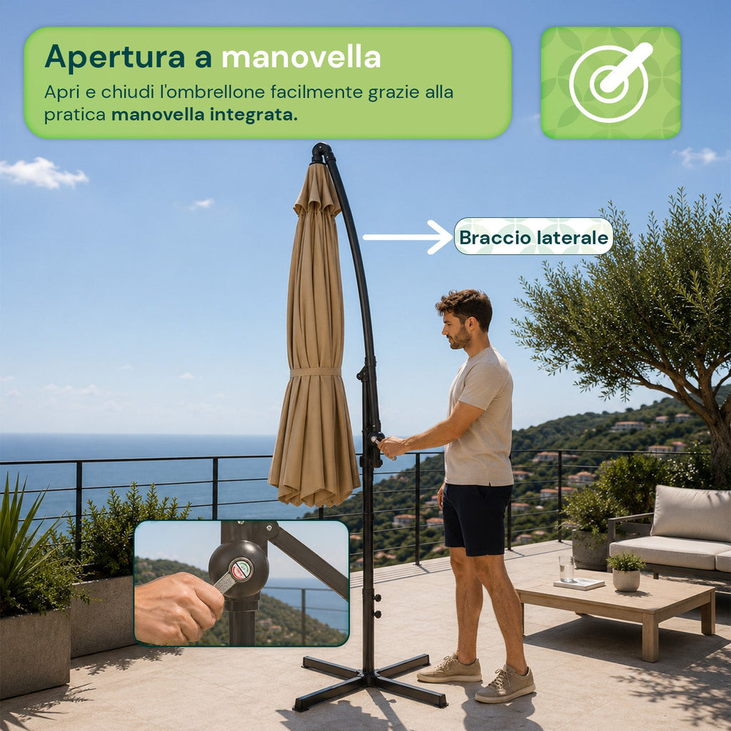 Ombrellone Rotondo Decentrato Ø3m con Braccio Laterale in Acciaio, Manovella, Poliestere 180gr Impermeabile UV per Giardino e Terrazzo