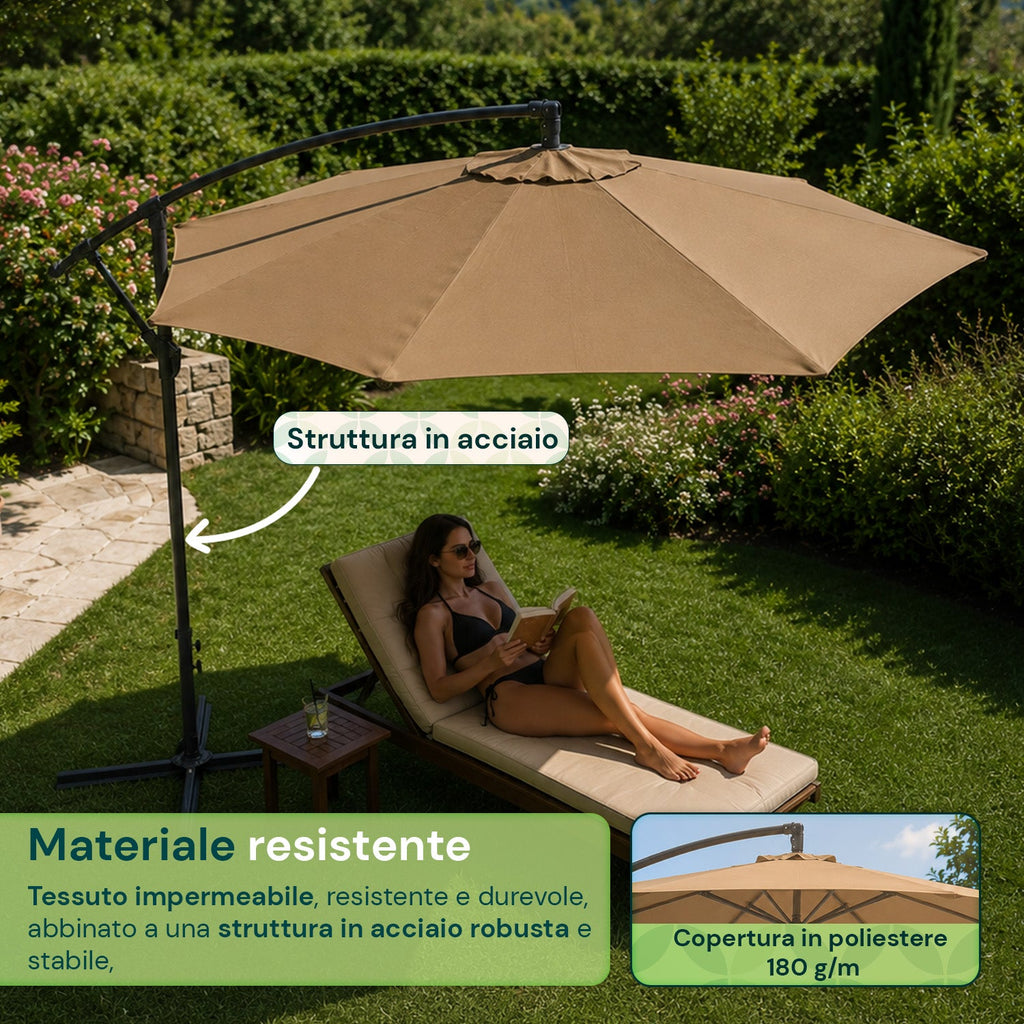 Ombrellone Rotondo Decentrato Ø3m con Braccio Laterale in Acciaio, Manovella, Poliestere 180gr Impermeabile UV per Giardino e Terrazzo