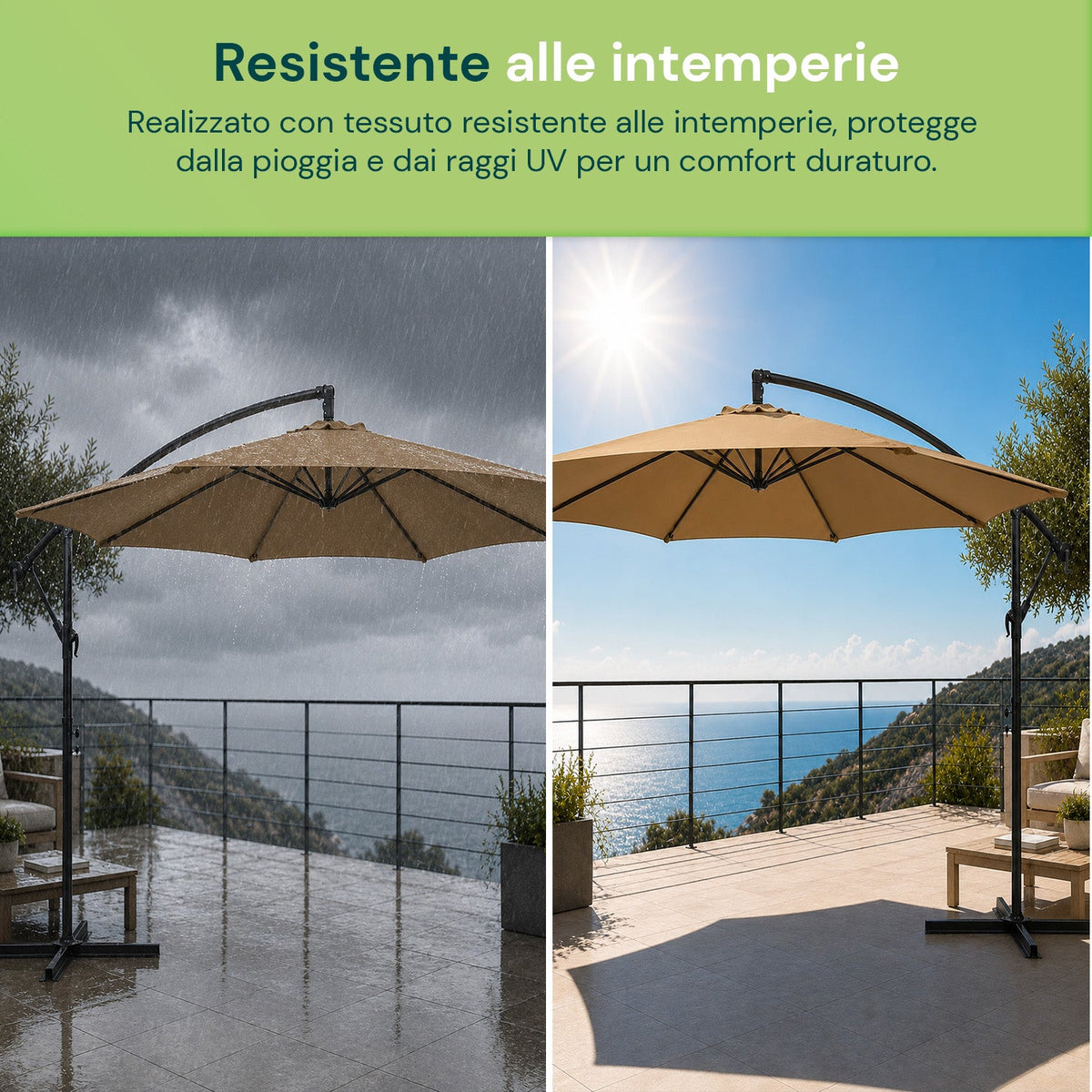 Ombrellone Rotondo Decentrato Ø3m con Braccio Laterale in Acciaio, Manovella, Poliestere 180gr Impermeabile UV per Giardino e Terrazzo
