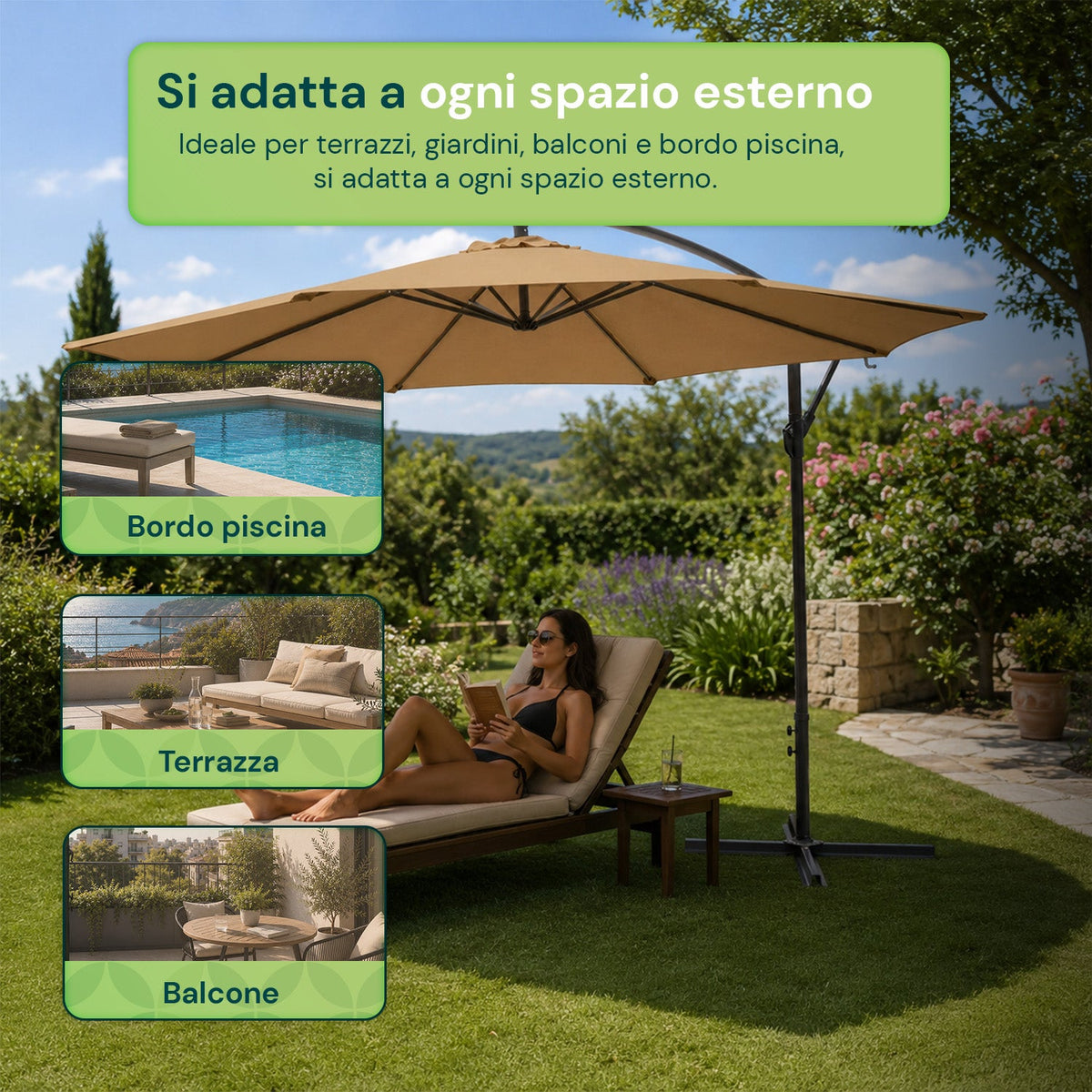 Ombrellone Rotondo Decentrato Ø3m con Braccio Laterale in Acciaio, Manovella, Poliestere 180gr Impermeabile UV per Giardino e Terrazzo