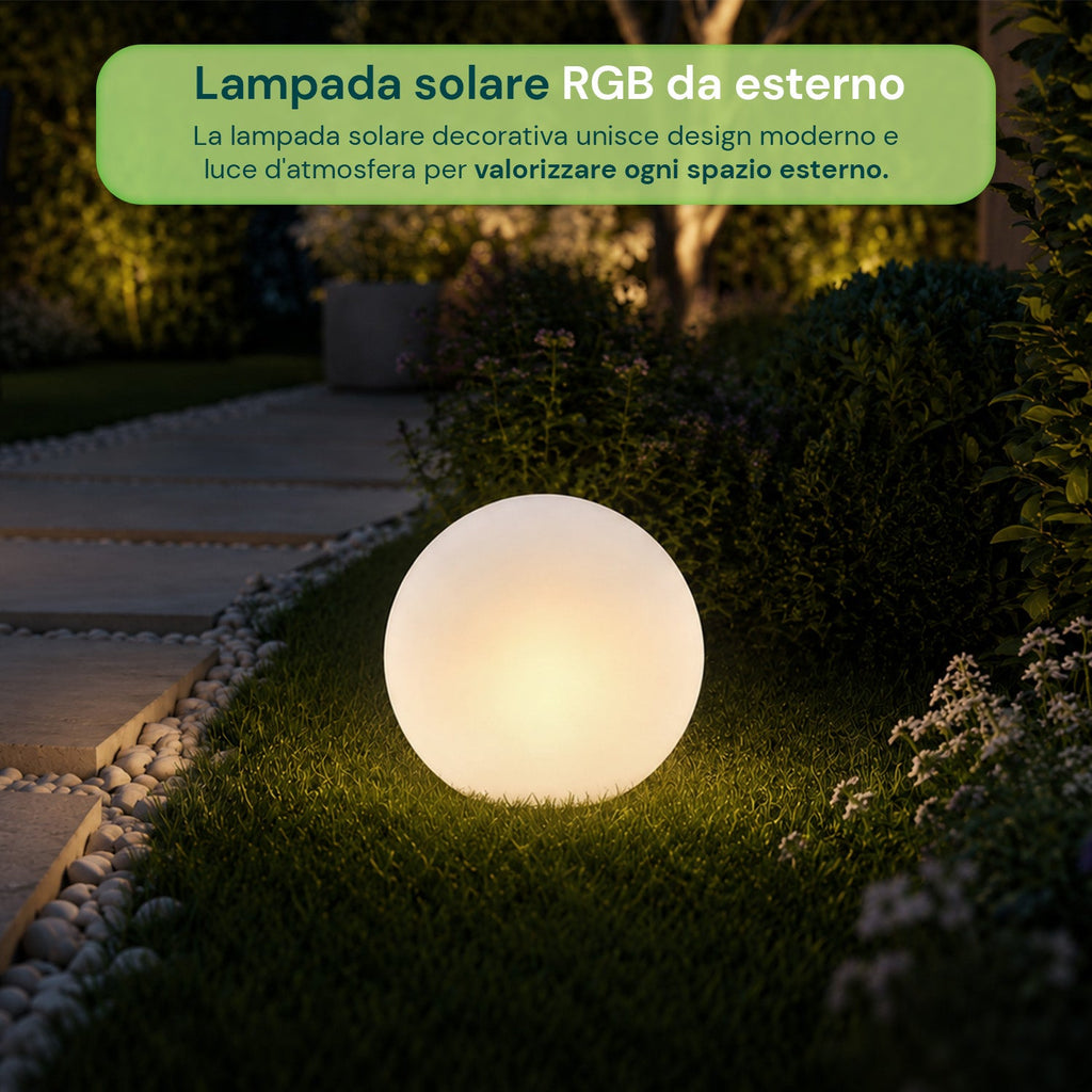 Lampada solare da giardino con telecomando, luci LED RGB+bianco, 8 ore, batteria agli ioni di litio, picchetto e pannello solare integrato