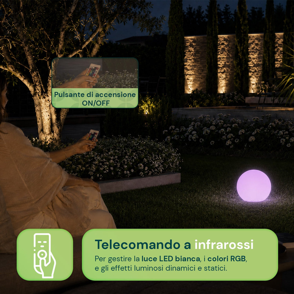 Lampada solare da giardino con telecomando, luci LED RGB+bianco, 8 ore, batteria agli ioni di litio, picchetto e pannello solare integrato