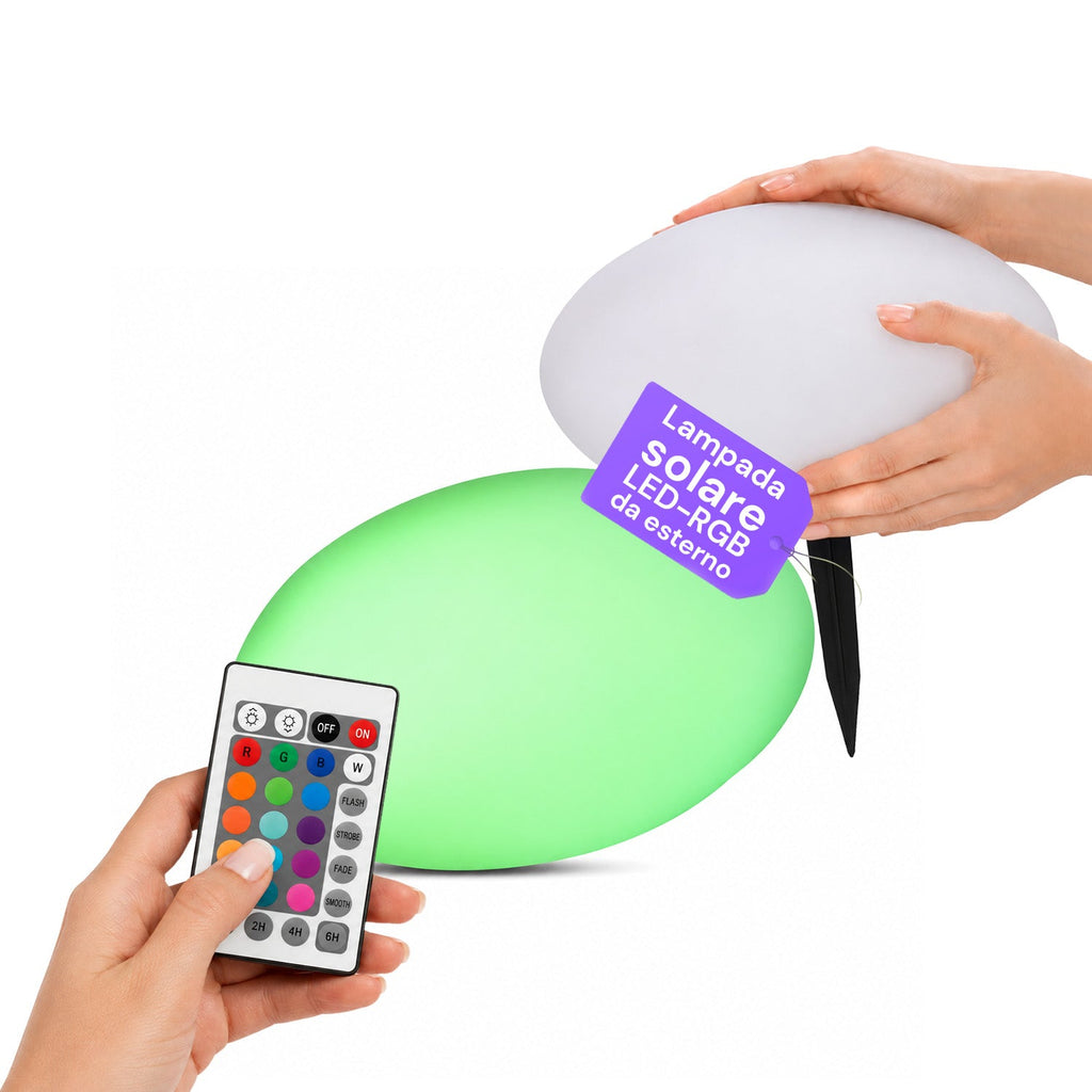 Lampada solare da giardino con telecomando, luci LED RGB+bianco, 8 ore, batteria agli ioni di litio, picchetto e pannello solare integrato