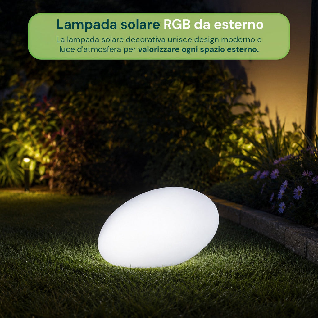 Lampada solare da giardino con telecomando, luci LED RGB+bianco, 8 ore, batteria agli ioni di litio, picchetto e pannello solare integrato
