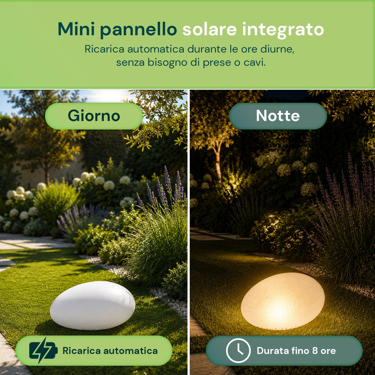 Lampada solare da giardino con telecomando, luci LED RGB+bianco, 8 ore, batteria agli ioni di litio, picchetto e pannello solare integrato