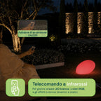 Lampada solare da giardino con telecomando, luci LED RGB+bianco, 8 ore, batteria agli ioni di litio, picchetto e pannello solare integrato