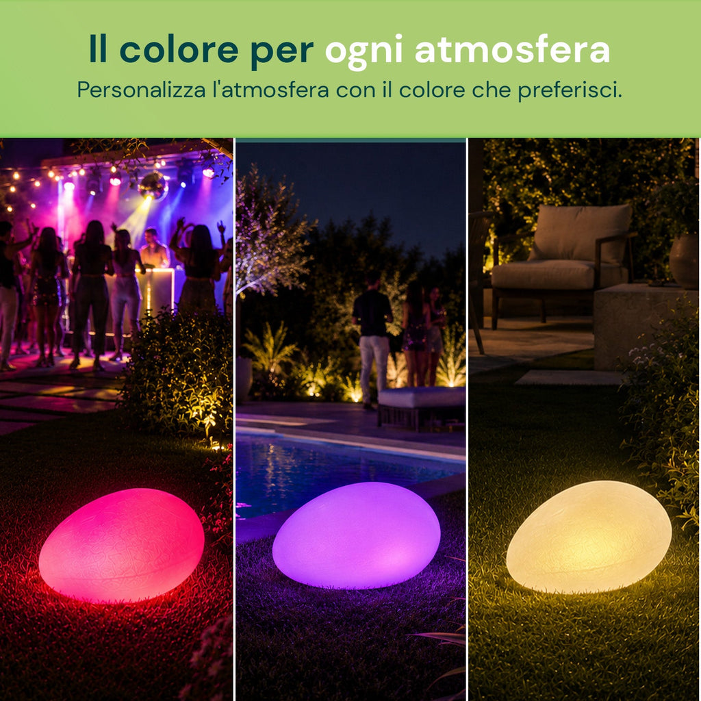 Lampada solare da giardino con telecomando, luci LED RGB+bianco, 8 ore, batteria agli ioni di litio, picchetto e pannello solare integrato