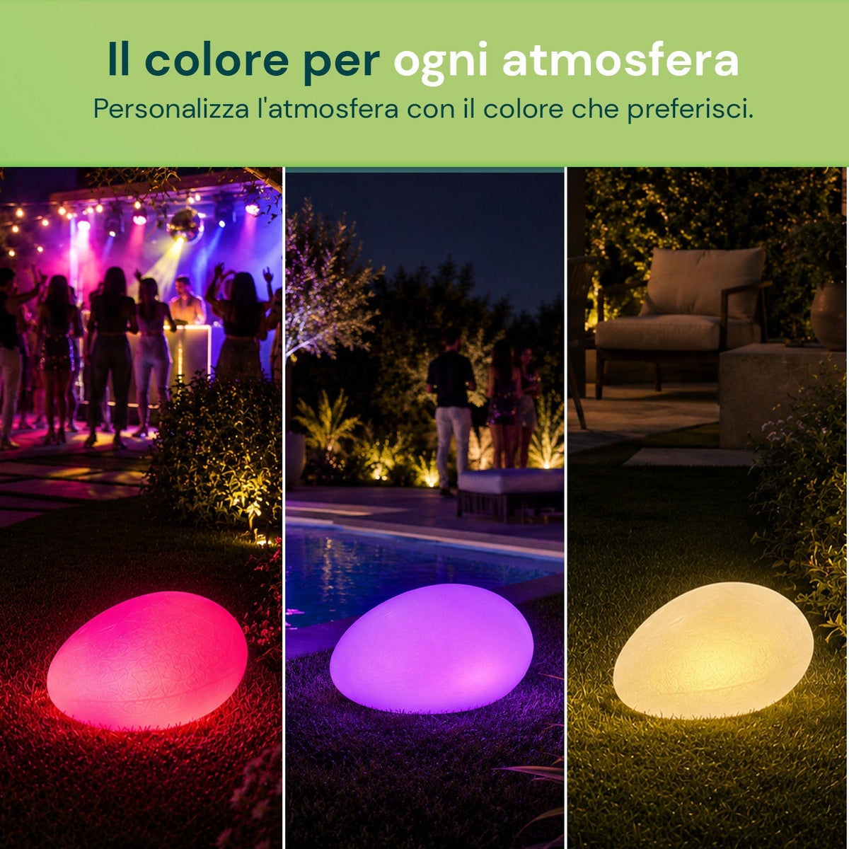 Lampada solare da giardino con telecomando, luci LED RGB+bianco, 8 ore, batteria agli ioni di litio, picchetto e pannello solare integrato