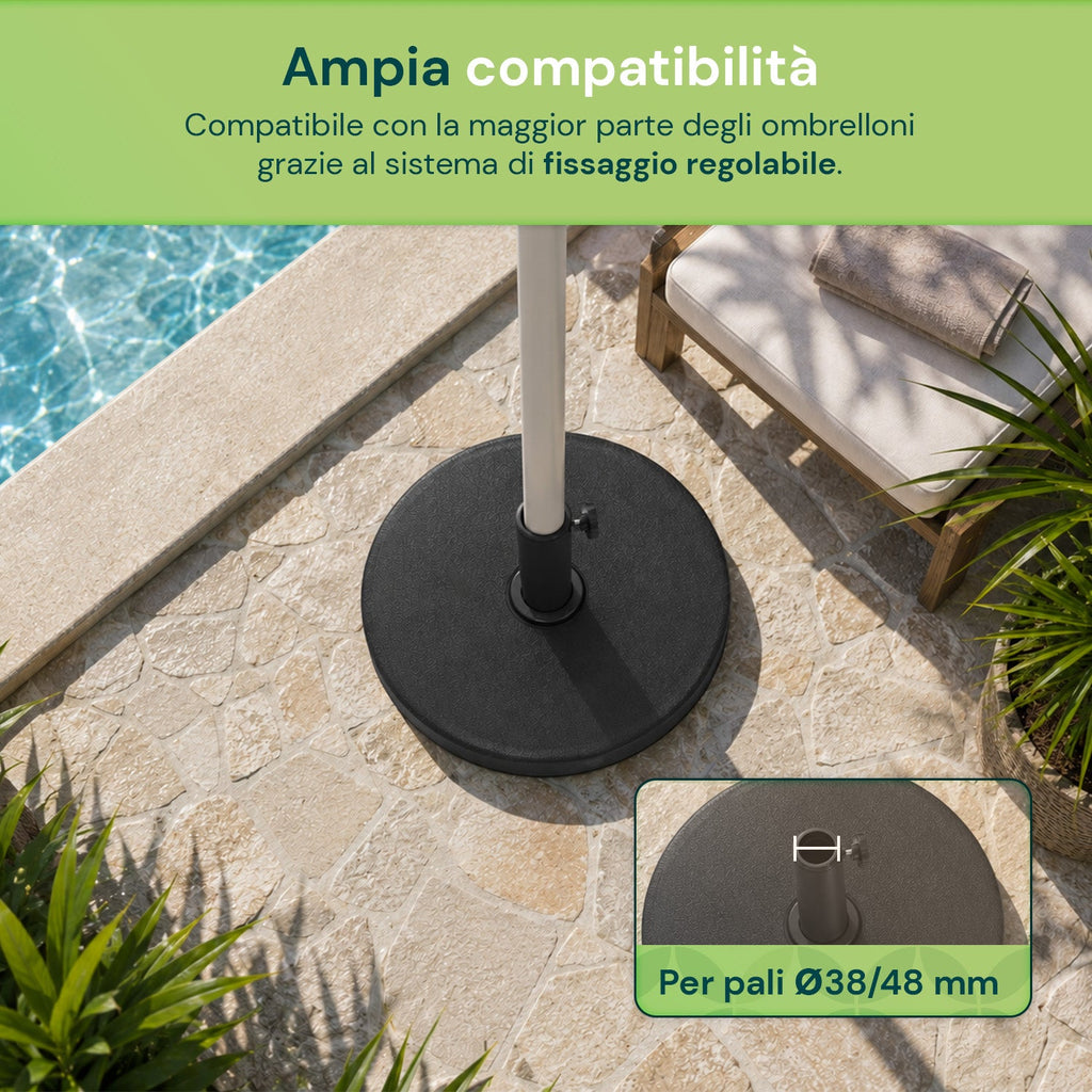 Base per Ombrellone in Cemento 12kg ø42cm Compatibile con Pali 38-48mm, Manopola di Bloccaggio Inclusa – Piedistallo Pesante per Giardino e Terrazzo