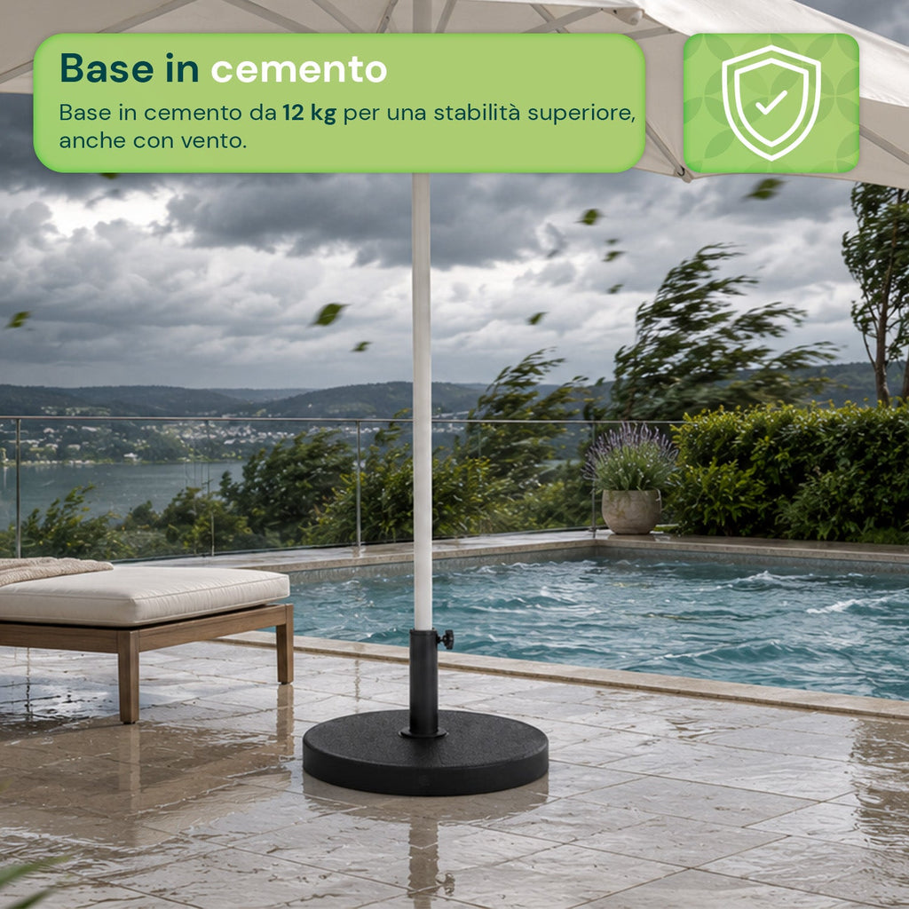 Base per Ombrellone in Cemento 12kg ø42cm Compatibile con Pali 38-48mm, Manopola di Bloccaggio Inclusa – Piedistallo Pesante per Giardino e Terrazzo